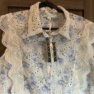 Ultra Pink Blue Floral Eyelet Blouse